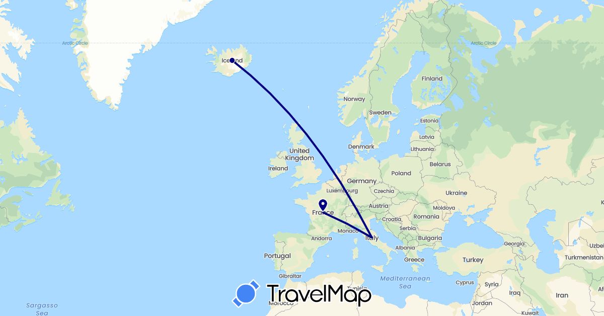 TravelMap itinerary: driving in France, Iceland (Europe)